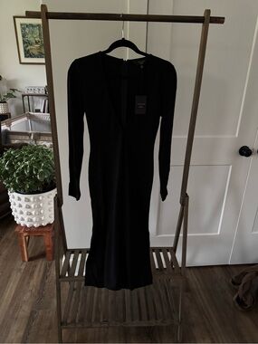 REVOLVE Black Long-Sleeve V-Neck Midi Dress